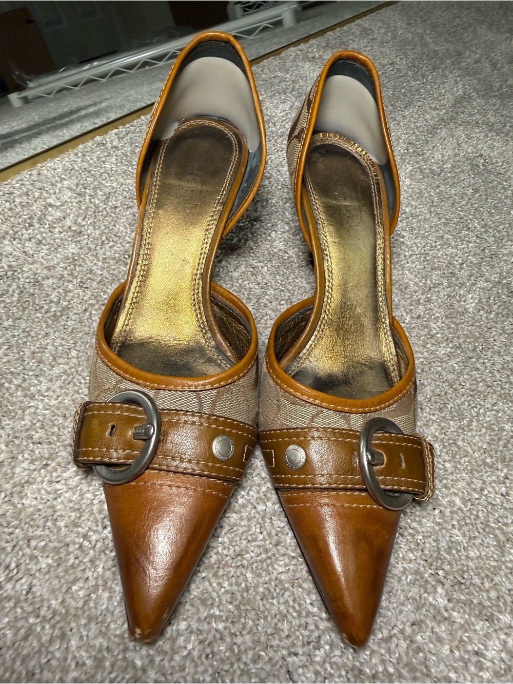 Coach Pointed-Toe Two-Tone Pumps in Brown and Cream
